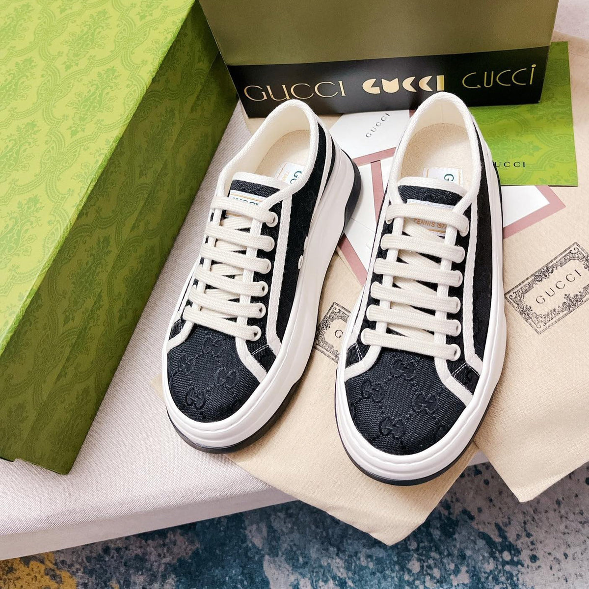 GUCCI Canvas lace-up sneakers Black White