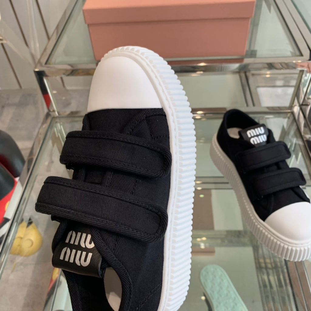 MIU MIU Thick-Soled Denim Sneakers Black and White