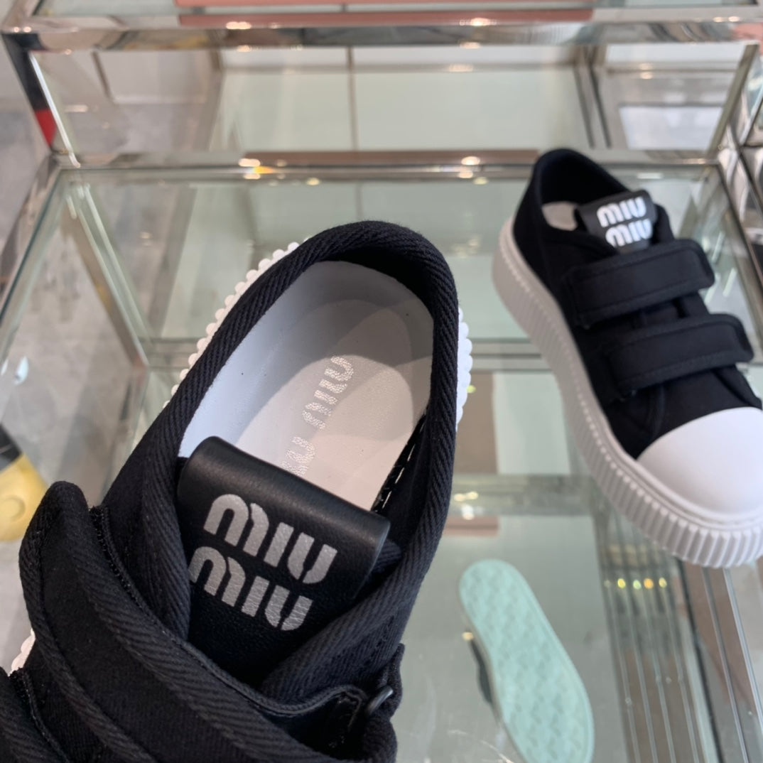 MIU MIU Thick-Soled Denim Sneakers Black and White