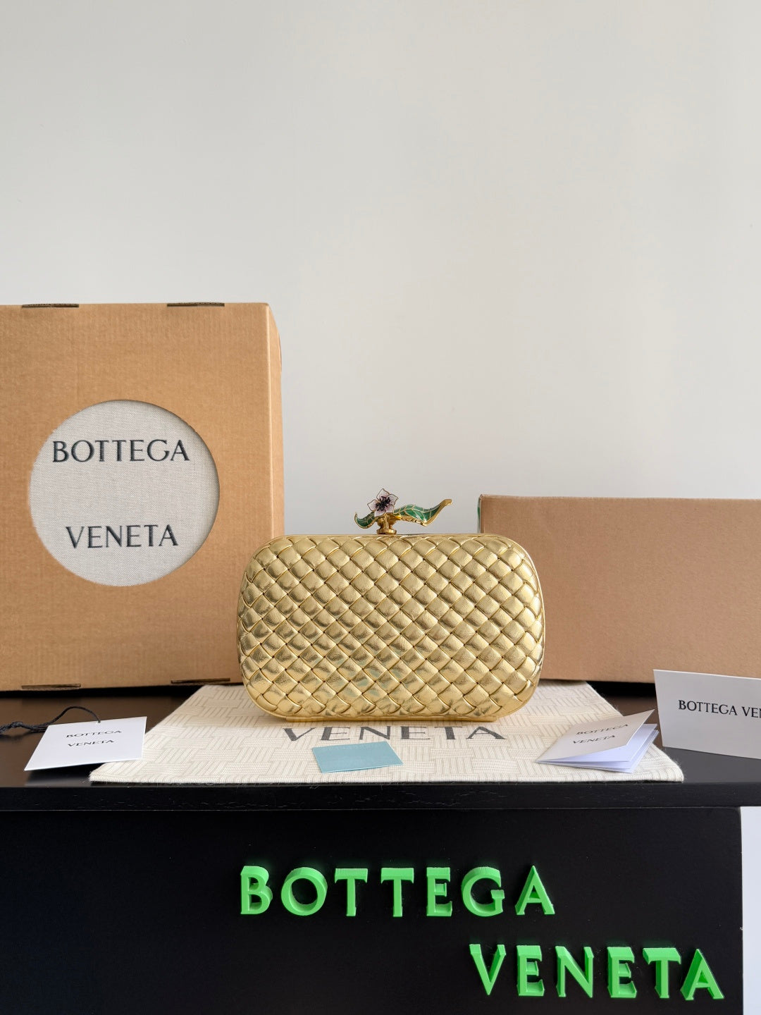 Bottega Veneta Gold & Black Designer Handbag
