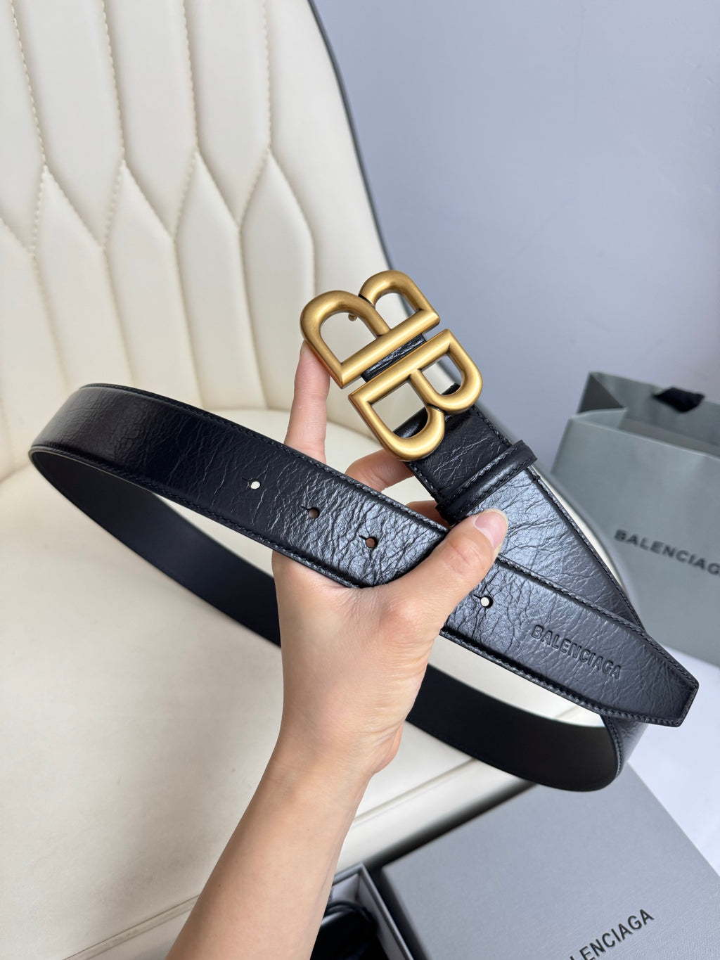 Balenciaga 7660672AASF1000 Black & Gold Designer Belt - detail image 2