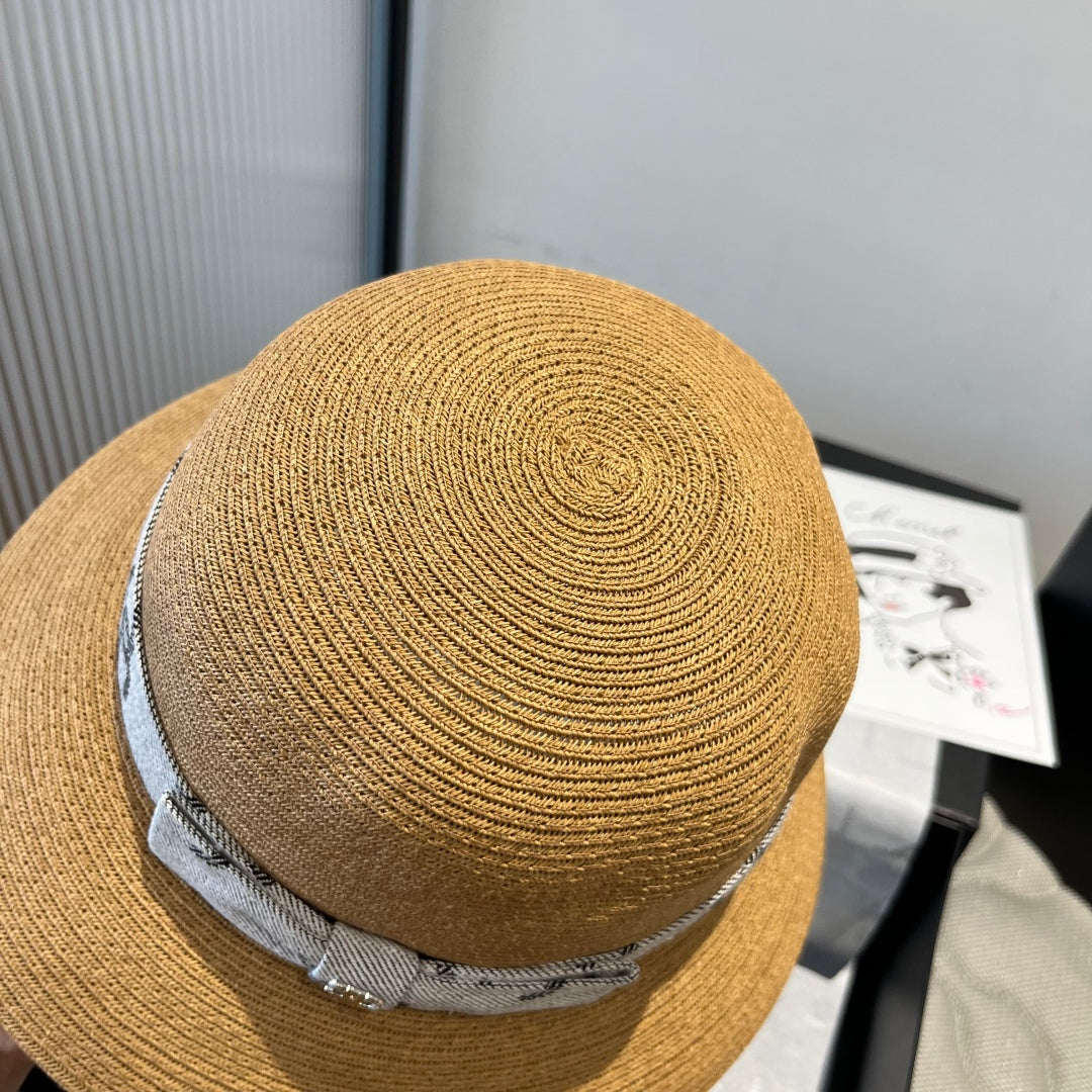 CHANEL STRAW BUCKET HAT IN BROWN WITH RIBBON BOW 673978