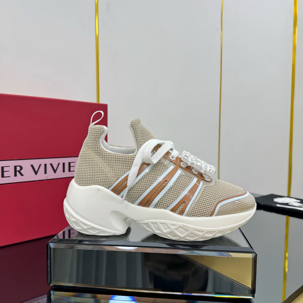 ROGER VIVIER VIV' RUN SNEAKERS IN BEIGE TECHNICAL FABRIC WITH BROWN AND WHITE CALFSKIN