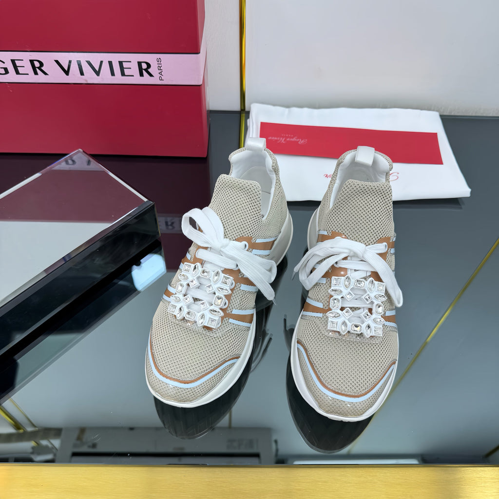 ROGER VIVIER VIV' RUN SNEAKERS IN BEIGE TECHNICAL FABRIC WITH BROWN AND WHITE CALFSKIN