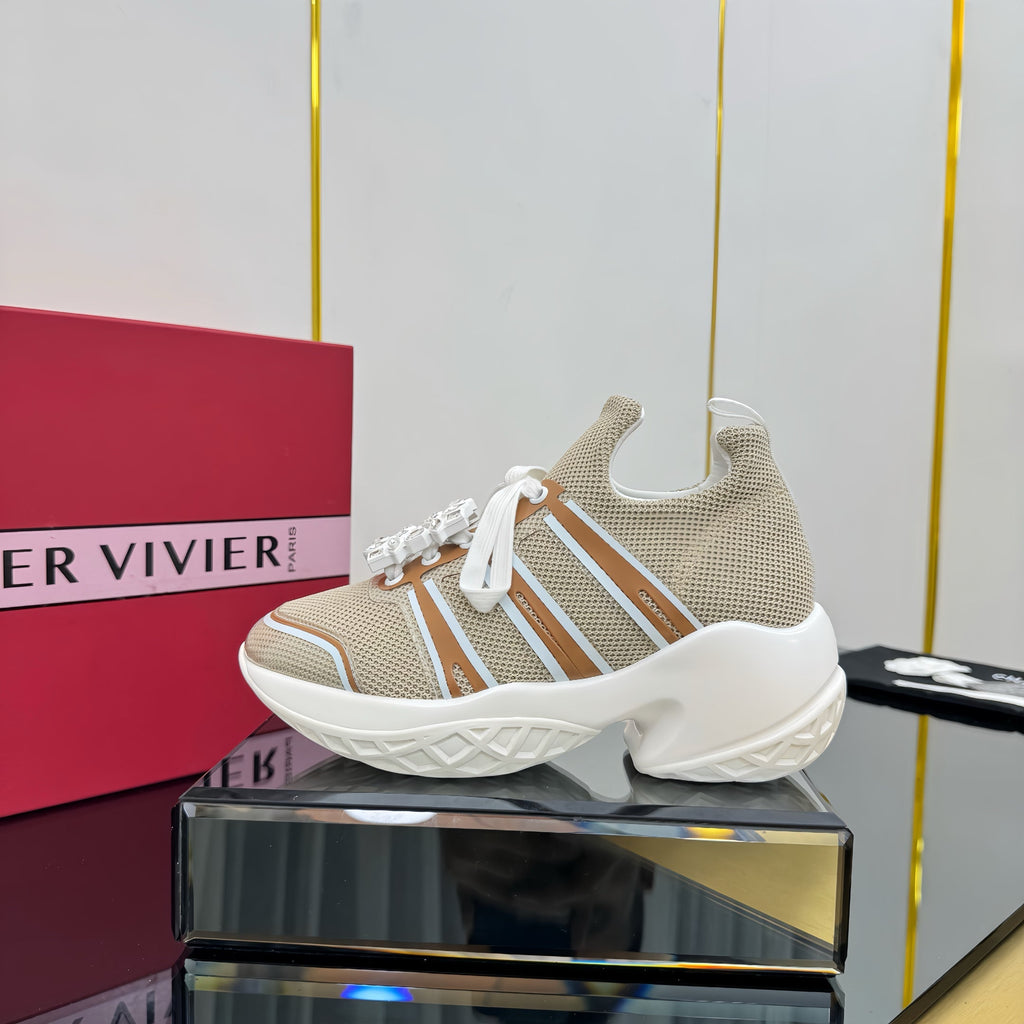ROGER VIVIER VIV' RUN SNEAKERS IN BEIGE TECHNICAL FABRIC WITH BROWN AND WHITE CALFSKIN