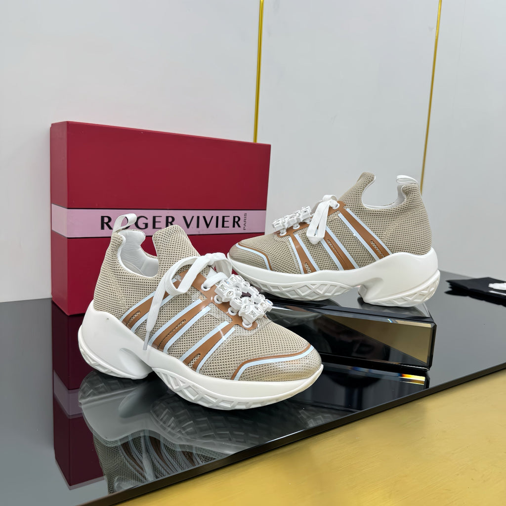 ROGER VIVIER VIV' RUN SNEAKERS IN BEIGE TECHNICAL FABRIC WITH BROWN AND WHITE CALFSKIN