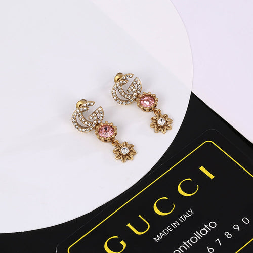 18K Double Gucci Flower Crystal Earrings