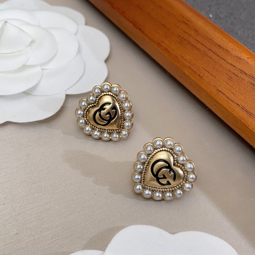 18K Double Gucci Heart Pearl Earrings