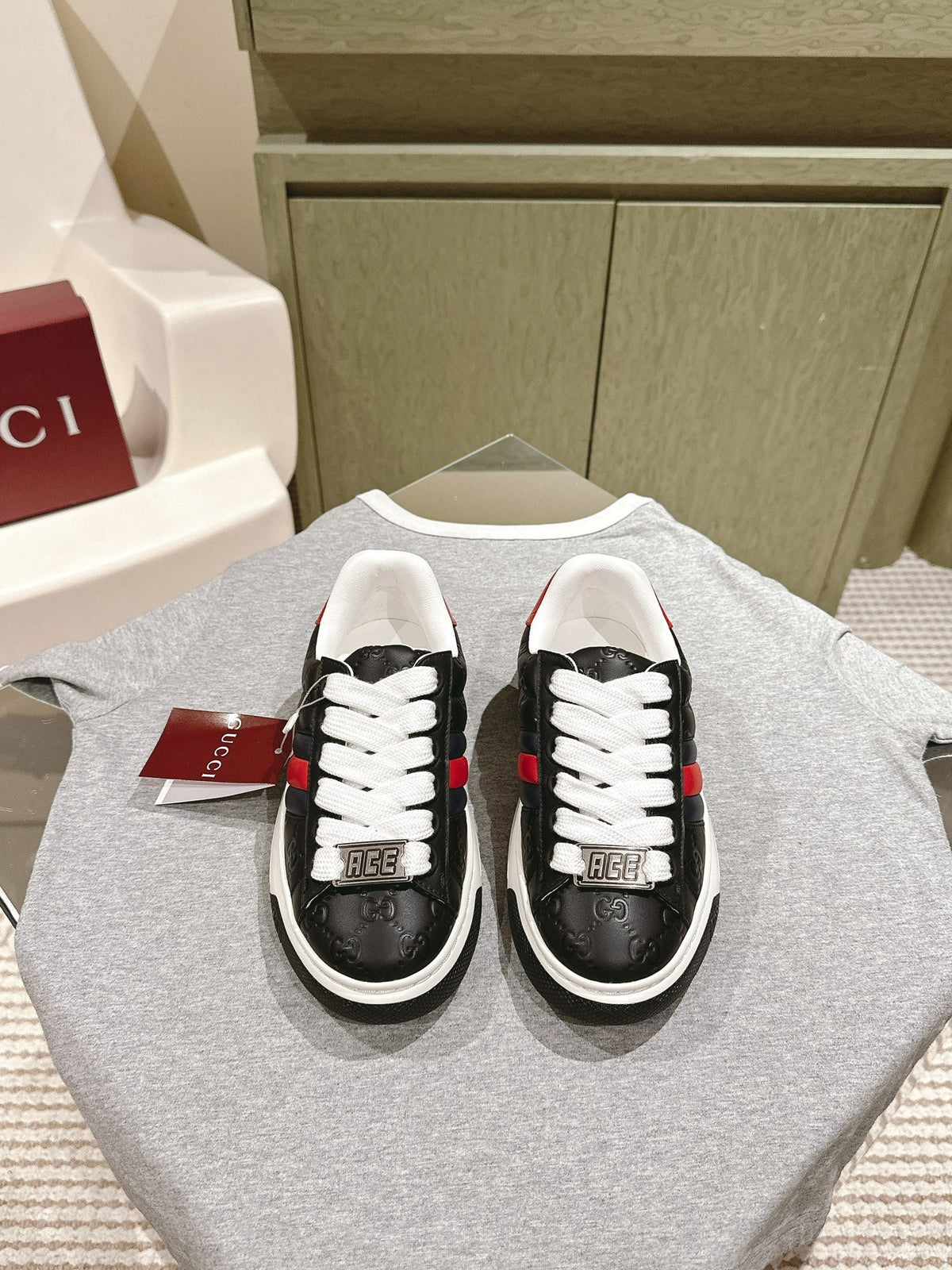 GUCCI ACE SNEAKER WITH WEB IN BLACK EMBOSSED CALFSKIN
