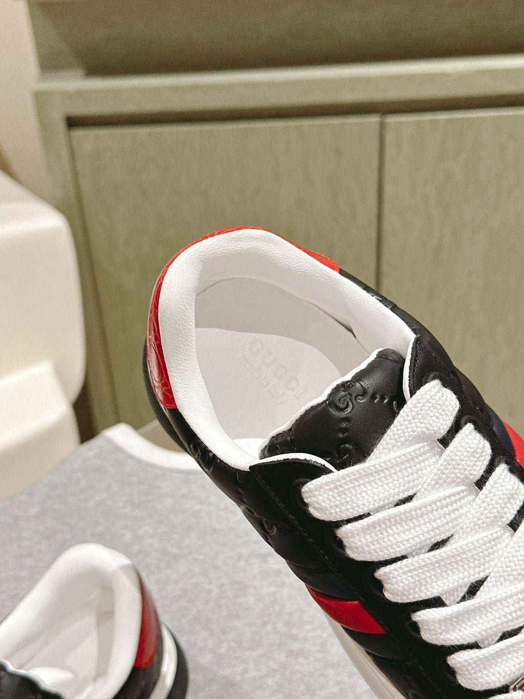 GUCCI ACE SNEAKER WITH WEB IN BLACK EMBOSSED CALFSKIN