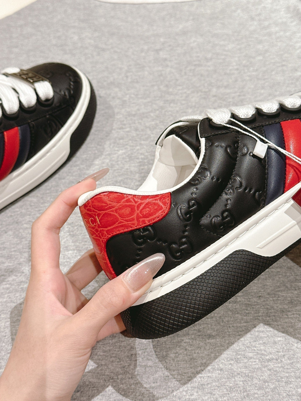 GUCCI ACE SNEAKER WITH WEB IN BLACK EMBOSSED CALFSKIN