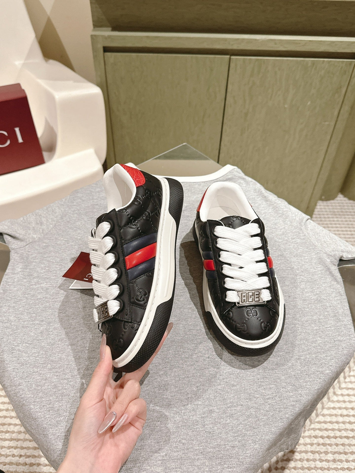 GUCCI ACE SNEAKER WITH WEB IN BLACK EMBOSSED CALFSKIN