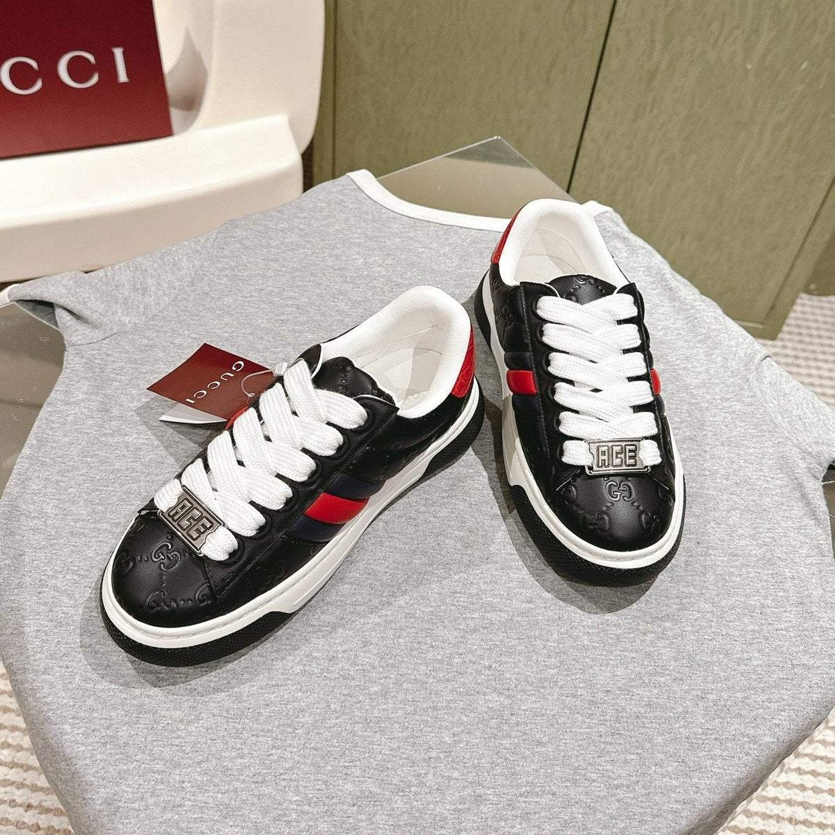 GUCCI ACE SNEAKER WITH WEB IN BLACK EMBOSSED CALFSKIN
