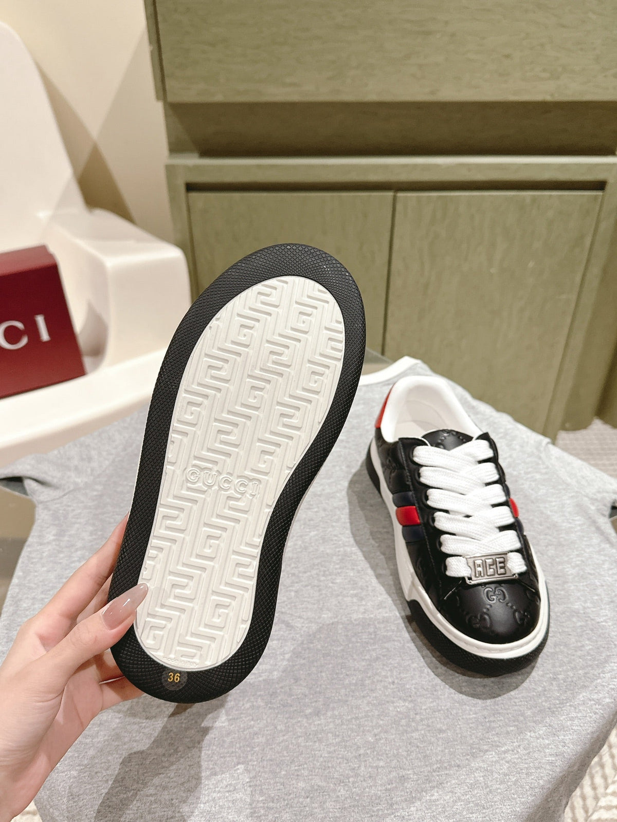 GUCCI ACE SNEAKER WITH WEB IN BLACK EMBOSSED CALFSKIN