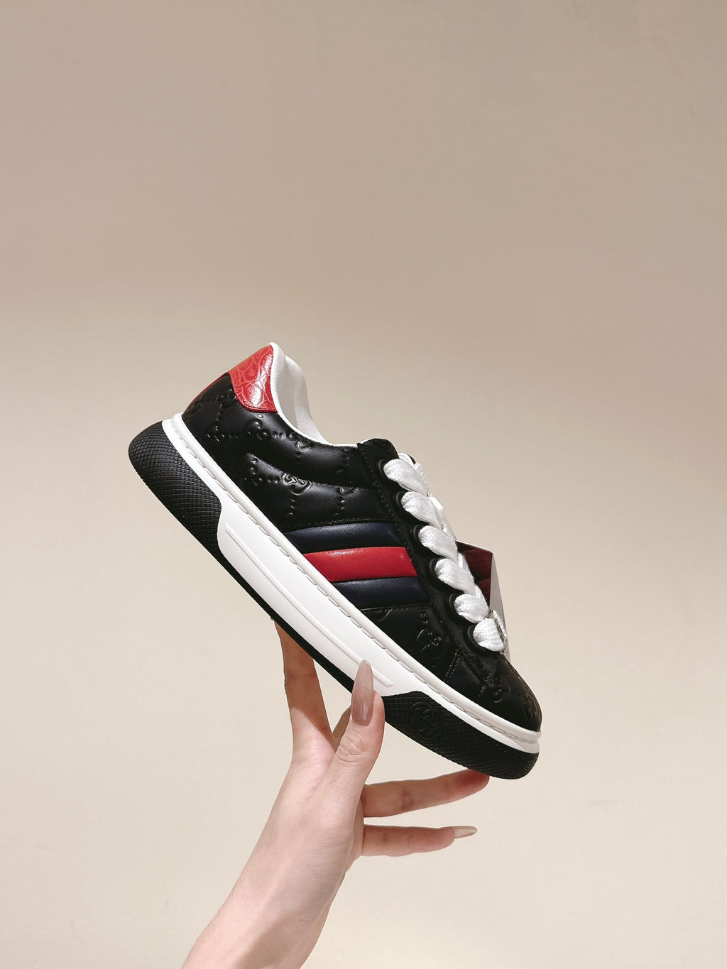 GUCCI ACE SNEAKER WITH WEB IN BLACK EMBOSSED CALFSKIN