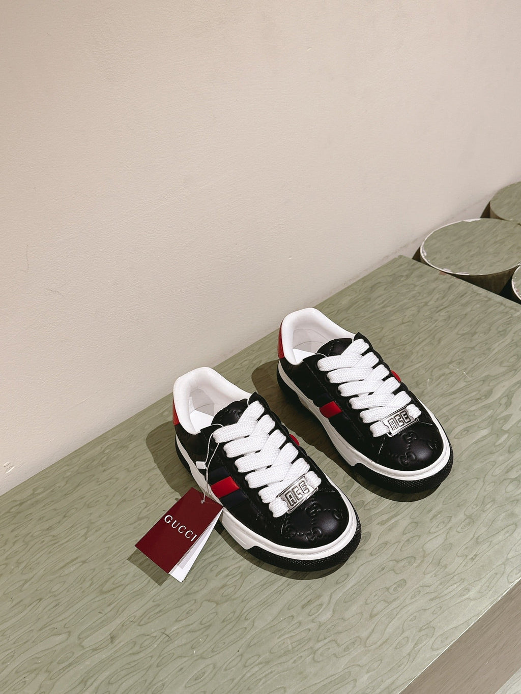 GUCCI ACE SNEAKER WITH WEB IN BLACK EMBOSSED CALFSKIN