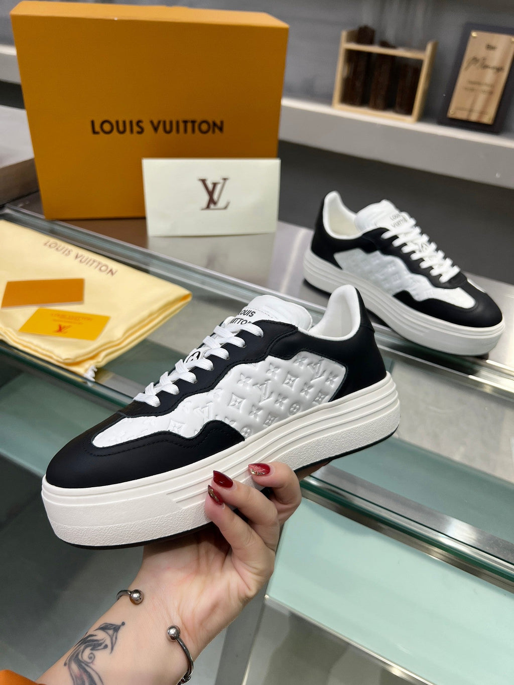 LOUIS VUITTON LV WOMEN GROOVY PLATFORM IN WHITE MIX BLACK EMBOSSED CALFSKIN