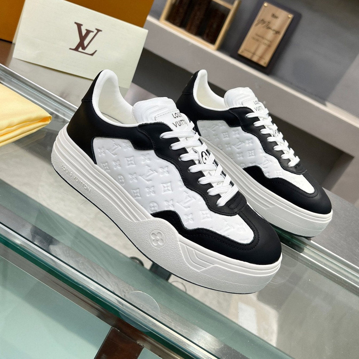LOUIS VUITTON LV WOMEN GROOVY PLATFORM IN WHITE MIX BLACK EMBOSSED CALFSKIN