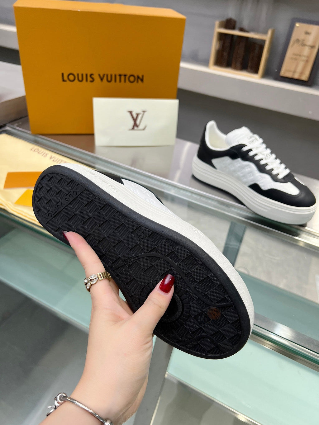 LOUIS VUITTON LV WOMEN GROOVY PLATFORM IN WHITE MIX BLACK EMBOSSED CALFSKIN