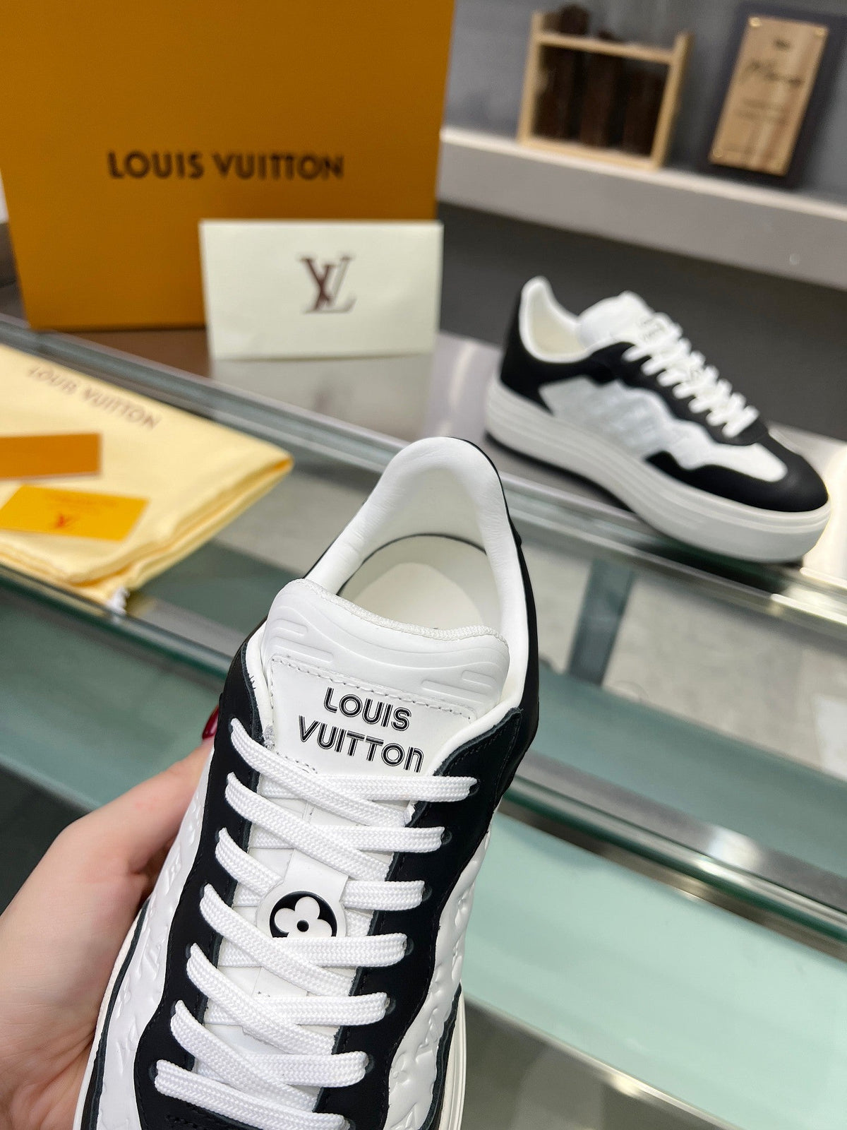 LOUIS VUITTON LV WOMEN GROOVY PLATFORM IN WHITE MIX BLACK EMBOSSED CALFSKIN