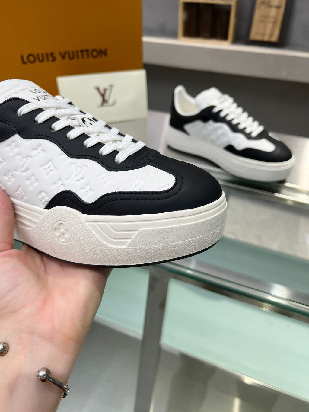 LOUIS VUITTON LV WOMEN GROOVY PLATFORM IN WHITE MIX BLACK EMBOSSED CALFSKIN