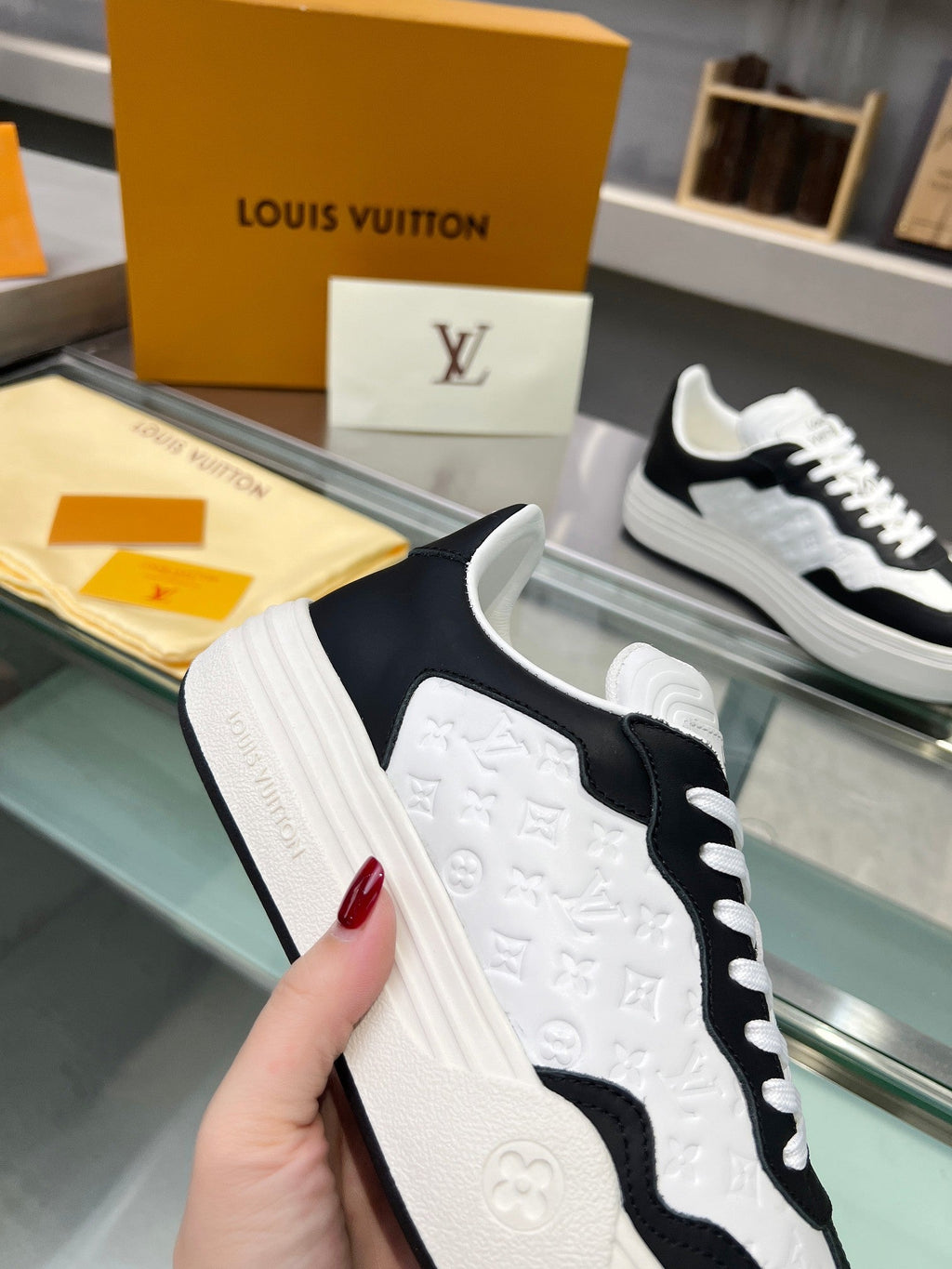 LOUIS VUITTON LV WOMEN GROOVY PLATFORM IN WHITE MIX BLACK EMBOSSED CALFSKIN