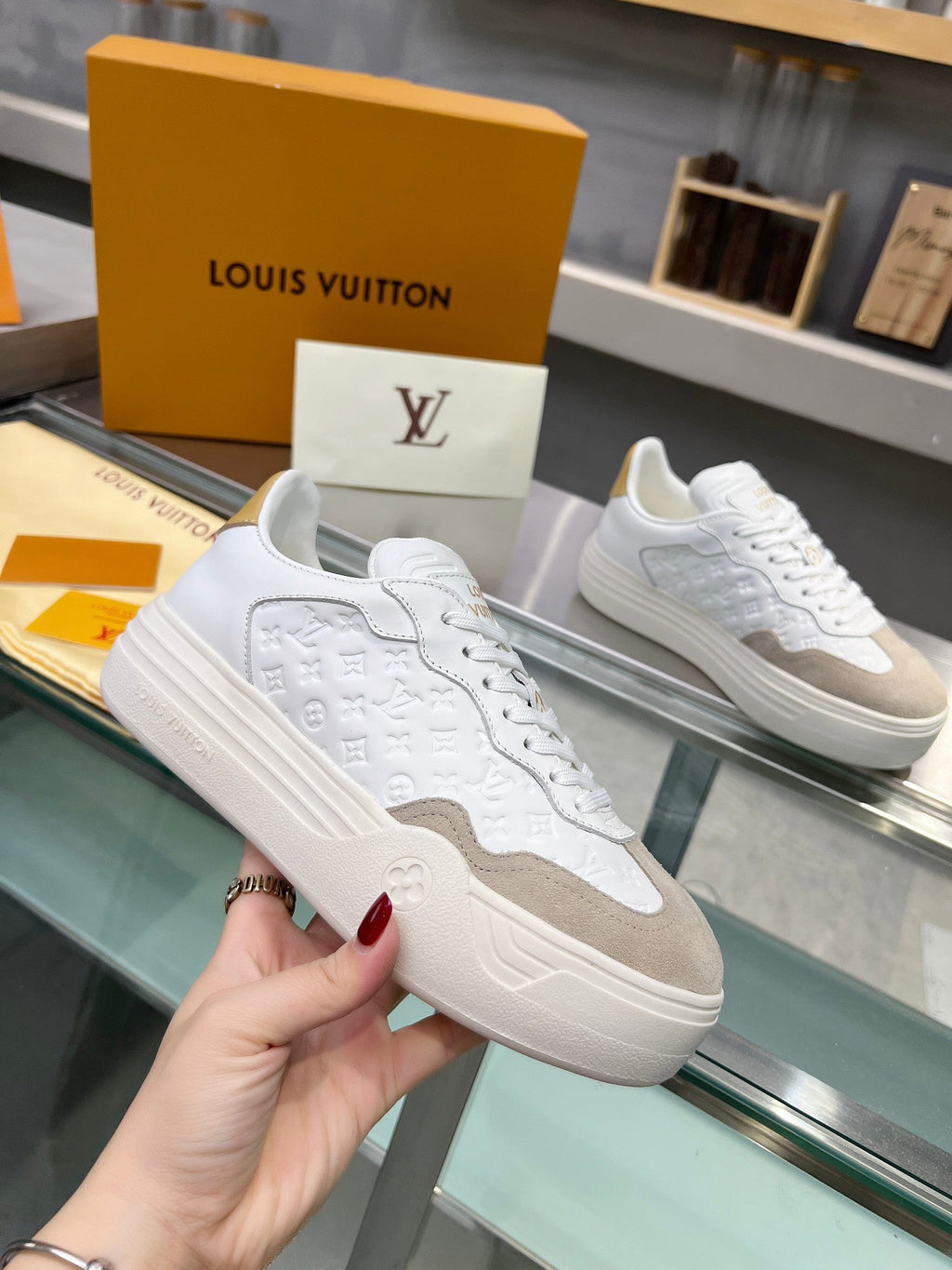 LOUIS VUITTON LV WOMEN GROOVY PLATFORM IN CAMEL BROWN SUEDE MIX WHITE EMBOSSED CALFSKIN