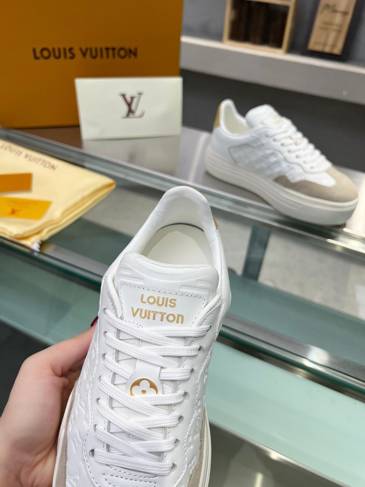 LOUIS VUITTON LV WOMEN GROOVY PLATFORM IN CAMEL BROWN SUEDE MIX WHITE EMBOSSED CALFSKIN
