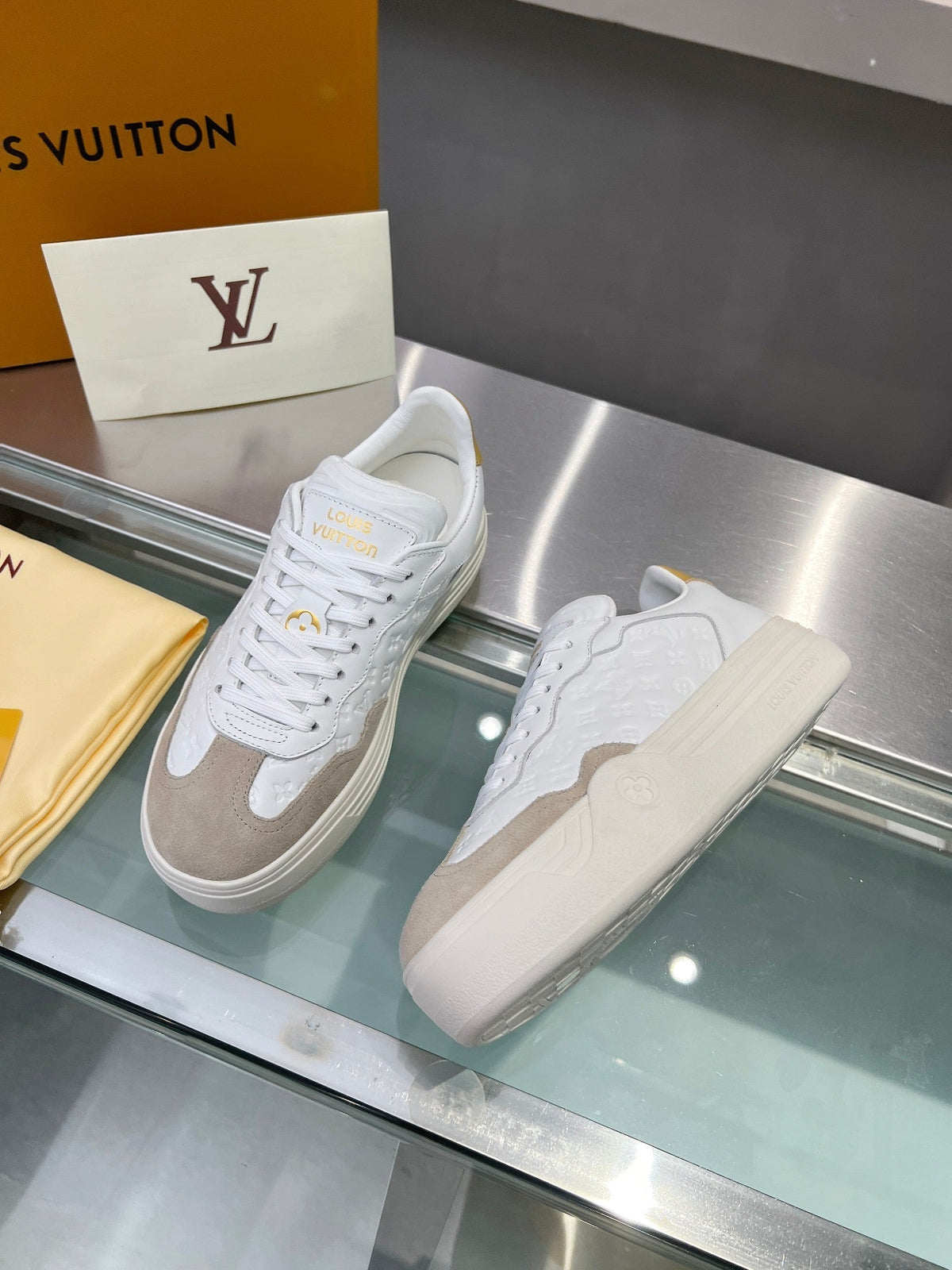 LOUIS VUITTON LV WOMEN GROOVY PLATFORM IN CAMEL BROWN SUEDE MIX WHITE EMBOSSED CALFSKIN