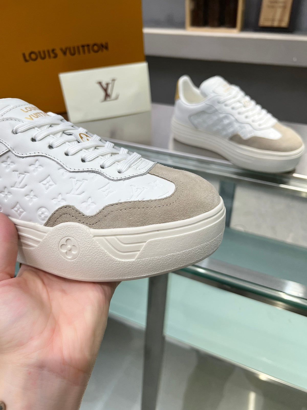 LOUIS VUITTON LV WOMEN GROOVY PLATFORM IN CAMEL BROWN SUEDE MIX WHITE EMBOSSED CALFSKIN