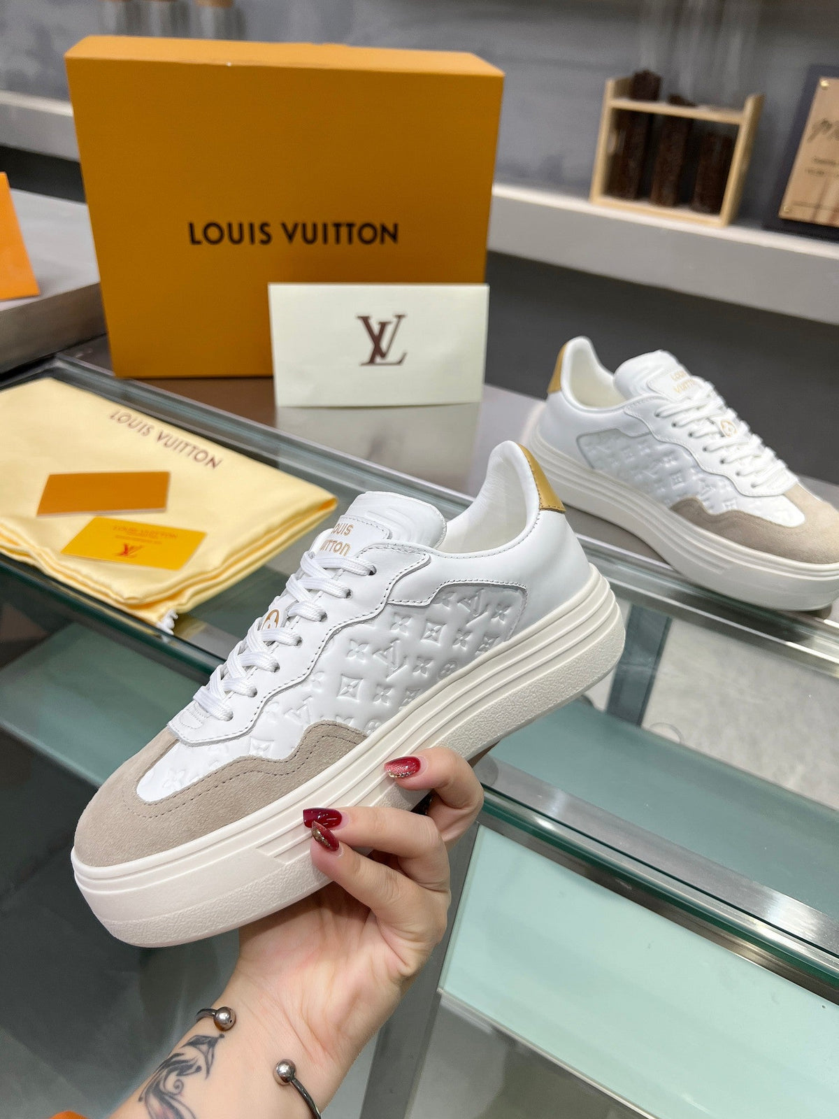 LOUIS VUITTON LV WOMEN GROOVY PLATFORM IN CAMEL BROWN SUEDE MIX WHITE EMBOSSED CALFSKIN