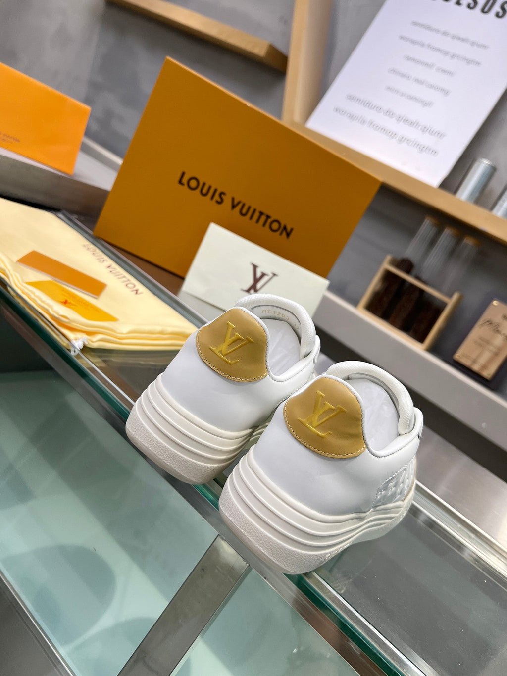 LOUIS VUITTON LV WOMEN GROOVY PLATFORM IN CAMEL BROWN SUEDE MIX WHITE EMBOSSED CALFSKIN