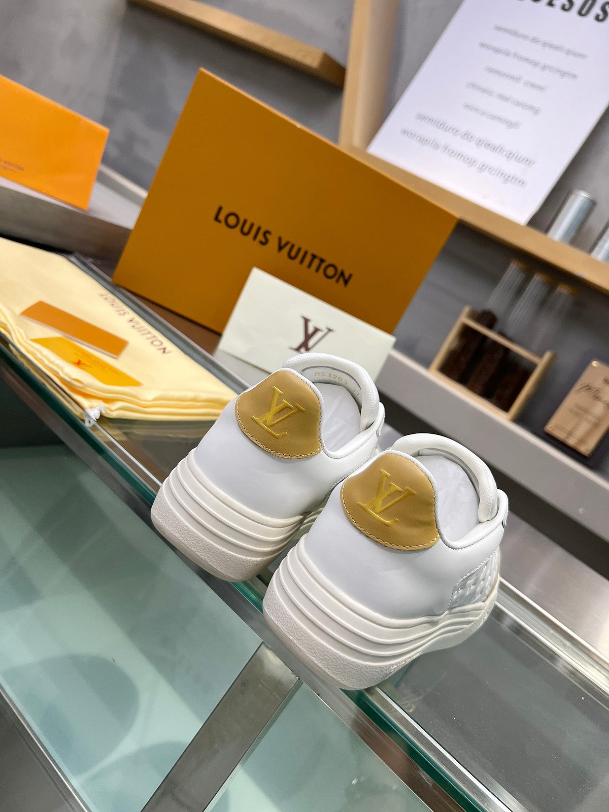 LOUIS VUITTON LV WOMEN GROOVY PLATFORM IN CAMEL BROWN SUEDE MIX WHITE EMBOSSED CALFSKIN