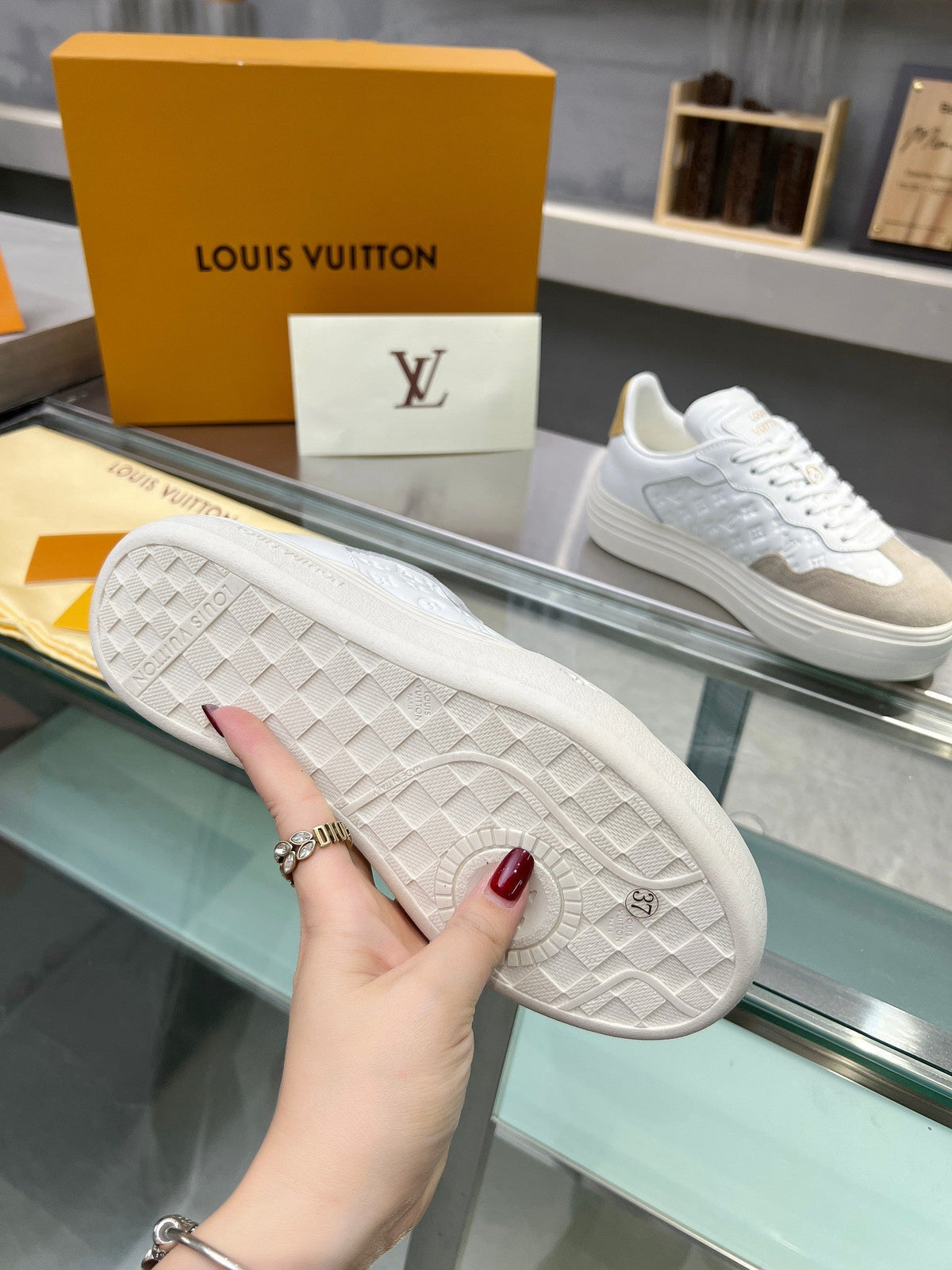 LOUIS VUITTON LV WOMEN GROOVY PLATFORM IN CAMEL BROWN SUEDE MIX WHITE EMBOSSED CALFSKIN