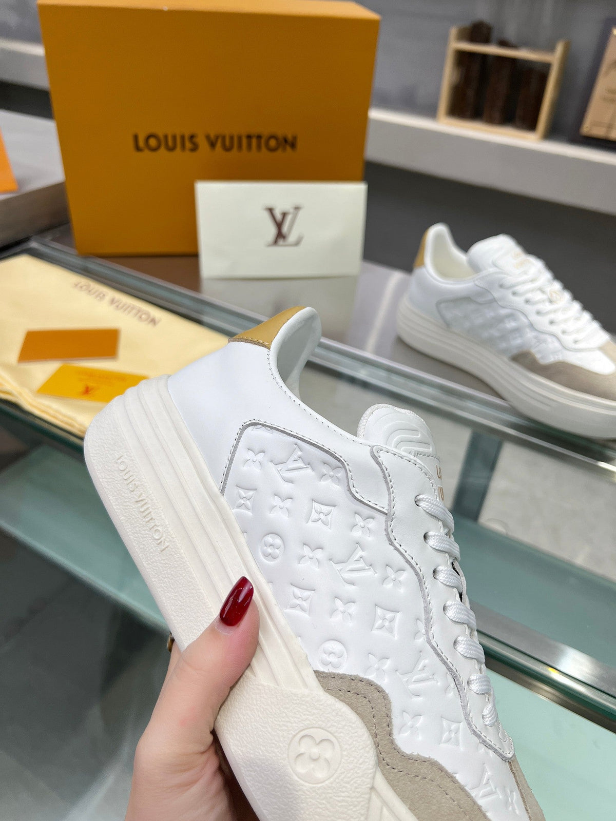 LOUIS VUITTON LV WOMEN GROOVY PLATFORM IN CAMEL BROWN SUEDE MIX WHITE EMBOSSED CALFSKIN
