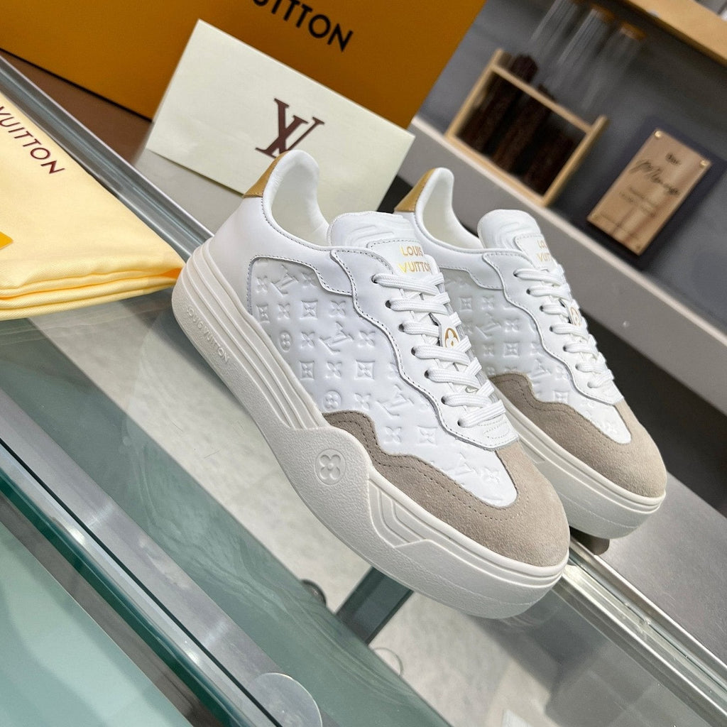 LOUIS VUITTON LV WOMEN GROOVY PLATFORM IN CAMEL BROWN SUEDE MIX WHITE EMBOSSED CALFSKIN
