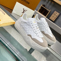 LOUIS VUITTON LV WOMEN GROOVY PLATFORM IN CAMEL BROWN SUEDE MIX WHITE EMBOSSED CALFSKIN