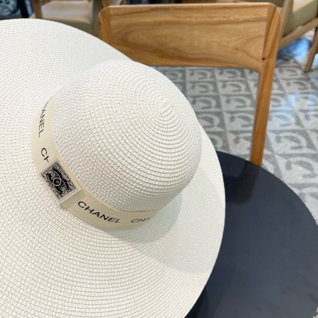 CHANEL WIDE BRIM STRAW HAT WHITE 672707