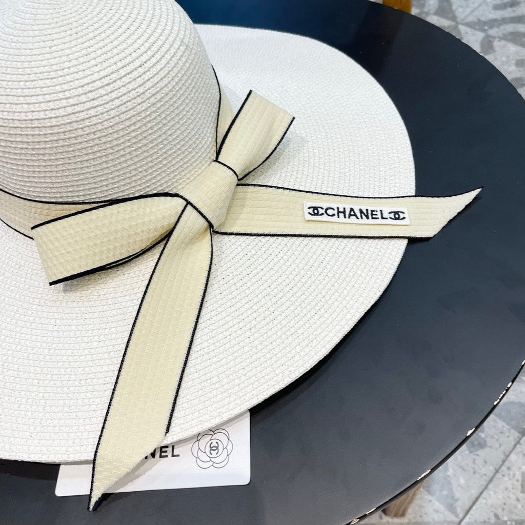 CHANEL WIDE BRIM STRAW HAT WITH BOW WHITE 672704