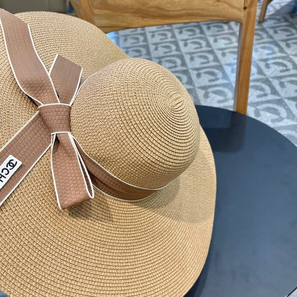 CHANEL WIDE BRIM STRAW HAT WITH BOW BROWN 672705
