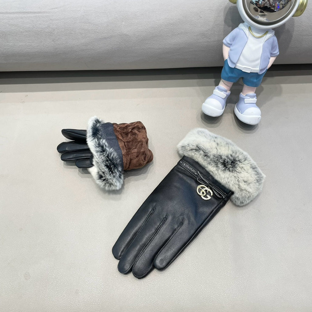 GUCCI FUR-TRIMMED LAMBSKIN GLOVES BLACK WITH BOW 456265