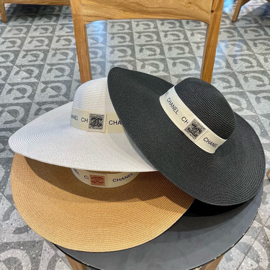 CHANEL WIDE BRIM STRAW HAT BLACK 672709