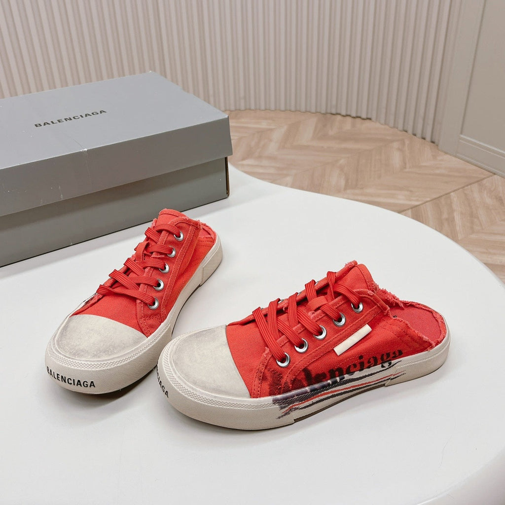 BALENCIAGA SNEAKER MULES IN RED CANVAS GRAFFITI LOGO