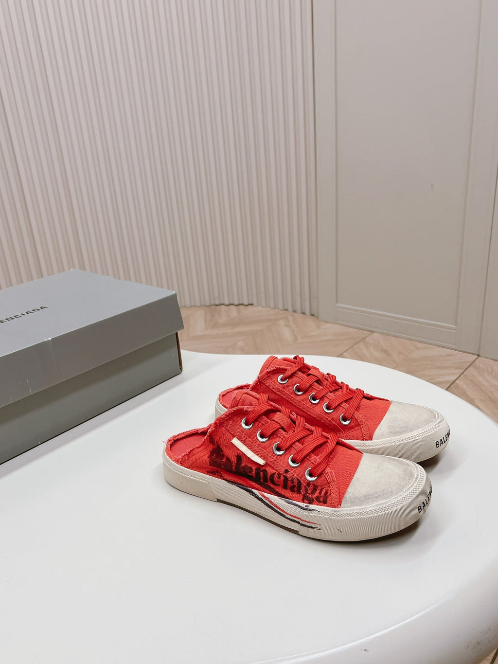 BALENCIAGA SNEAKER MULES IN RED CANVAS GRAFFITI LOGO