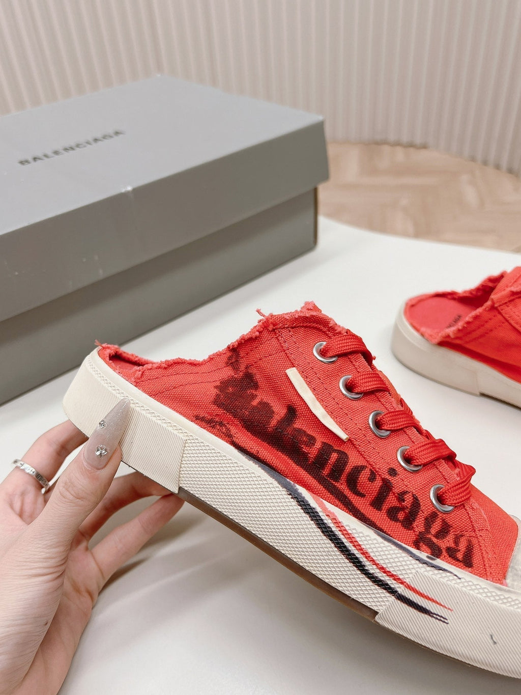 BALENCIAGA SNEAKER MULES IN RED CANVAS GRAFFITI LOGO