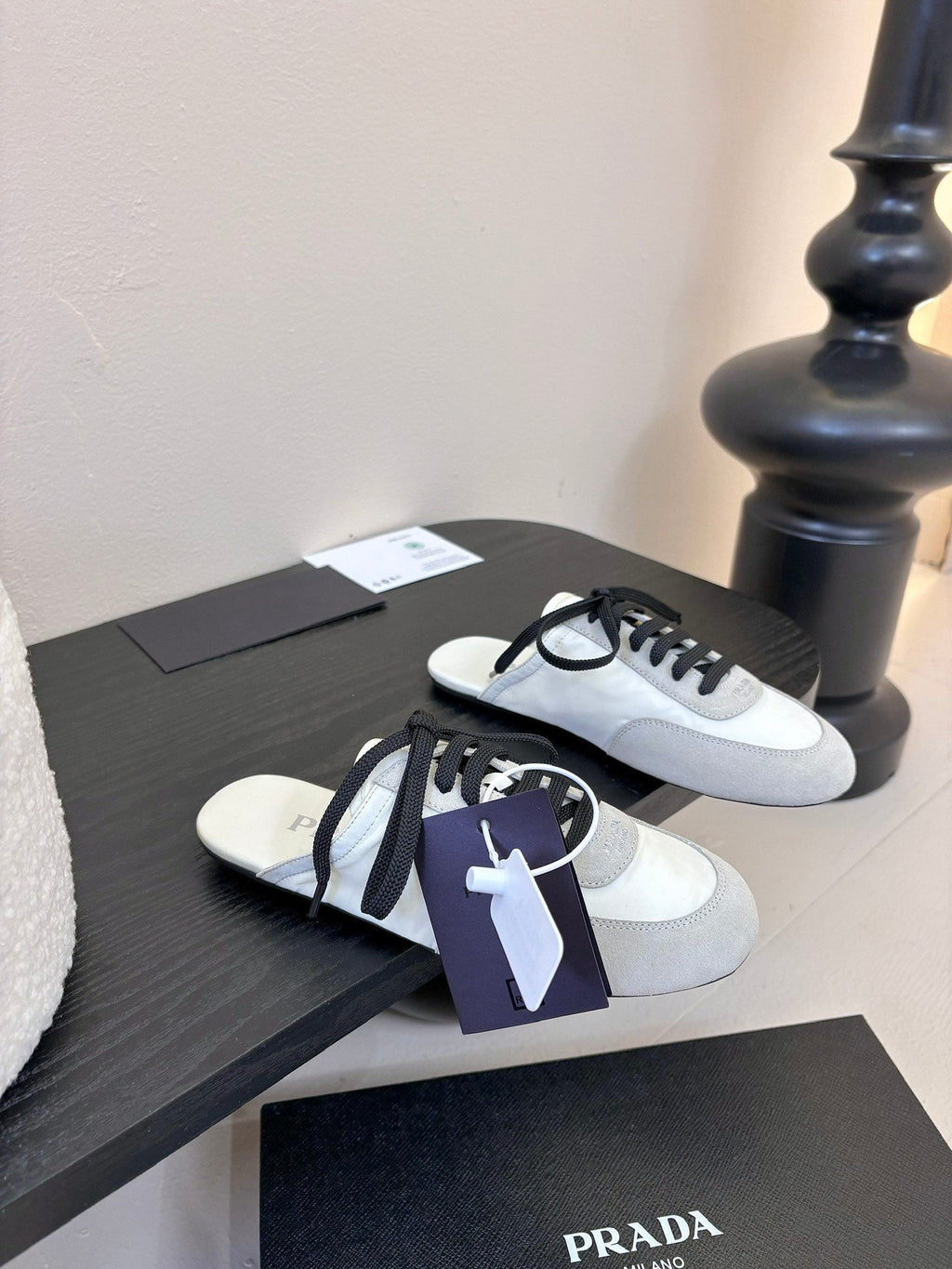 PRADA SNEAKER MULES IN BEIGE SUEDE AND WHITE NYLON