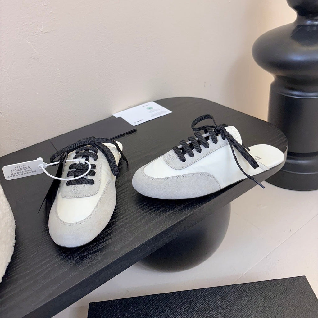 PRADA SNEAKER MULES IN BEIGE SUEDE AND WHITE NYLON