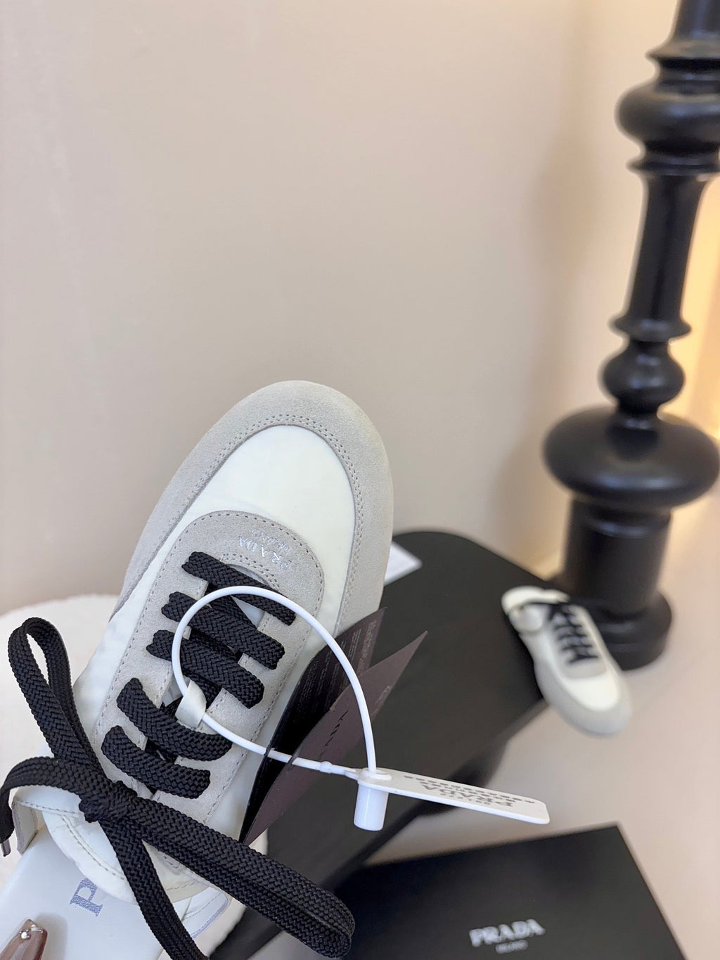 PRADA SNEAKER MULES IN BEIGE SUEDE AND WHITE NYLON