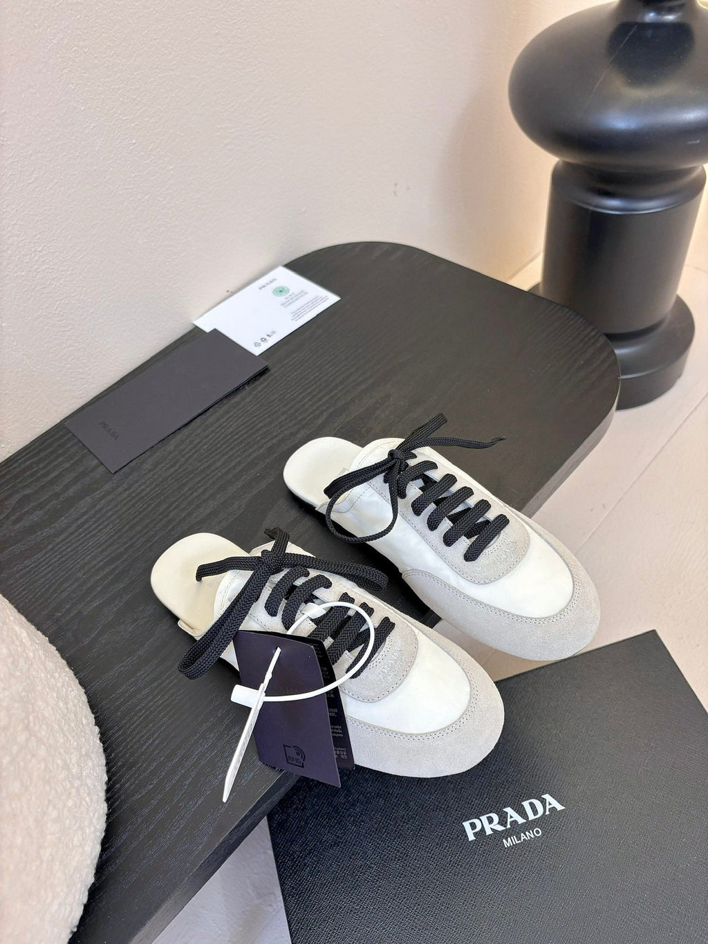 PRADA SNEAKER MULES IN BEIGE SUEDE AND WHITE NYLON