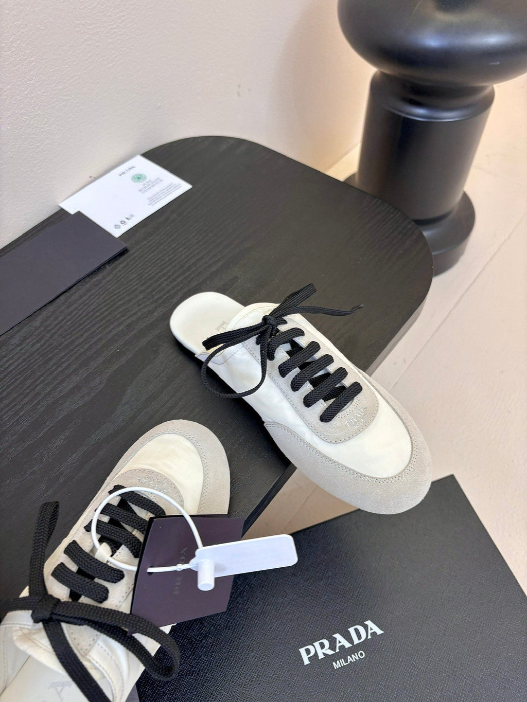 PRADA SNEAKER MULES IN BEIGE SUEDE AND WHITE NYLON